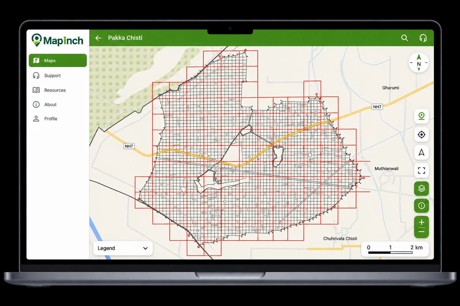 MapInch village map viewer showing geographic boundaries and map layers